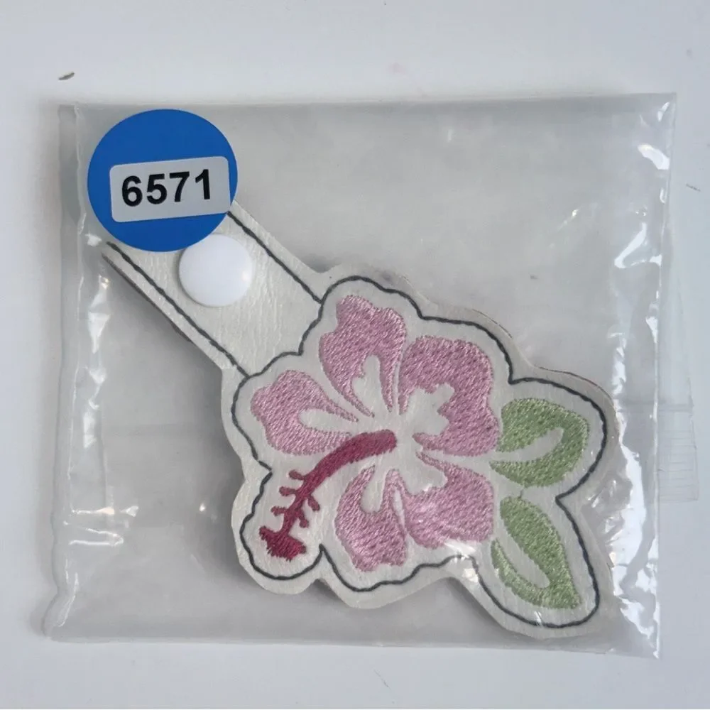 Pink Hibiscus Flower Embroidered Snap Tab Key Fob